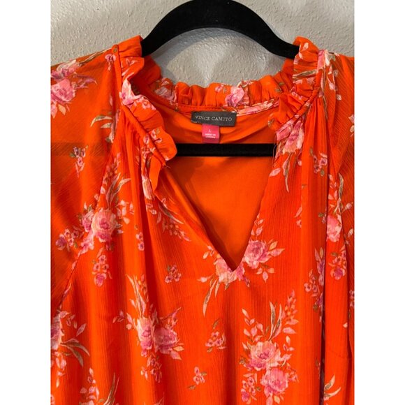 Vince Camuto Dress Orange Floral L Large Fluttery Floral Print Long Sleeve NEW - Picture 7 of 10